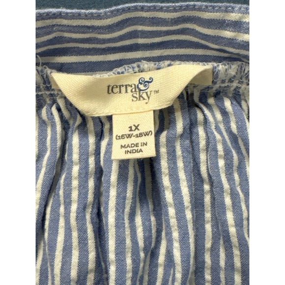 Terra & Sky Blue &‎ White Striped Square Neck Blouse 1X Pre-owned - Picture 3 of 9